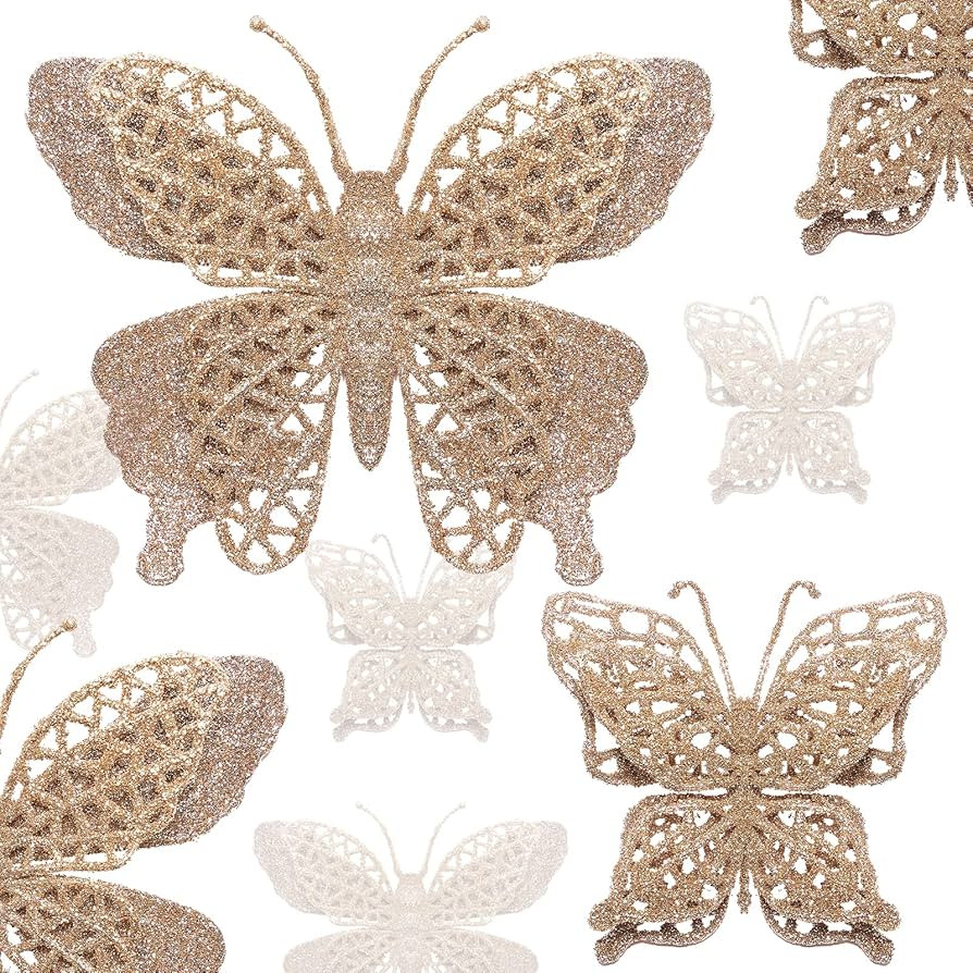 16 PCS Glitter Christmas Tree Butterfly Ornaments, 2 Styles Hollow Butterfly Christmas Decoration... | Amazon (US)