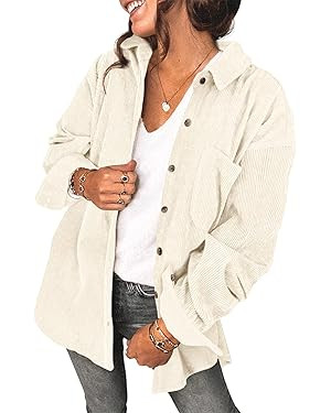Saslax Womens Corduroy Shirt Long Sleeve Oversized Button Up V Neck Blouses Tops Loose Shacket Ja... | Amazon (US)
