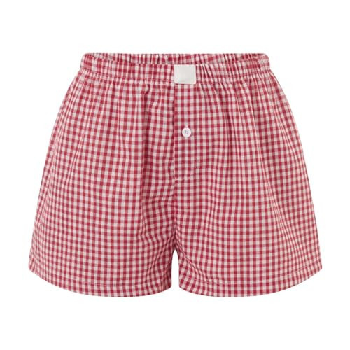 Women Pajamas Micro Boxer Shorts Y2K Cute Gingham Sleep Lounge Checkered Plaid Button Pj Mini Short Pants(Red, L) | Amazon (US)