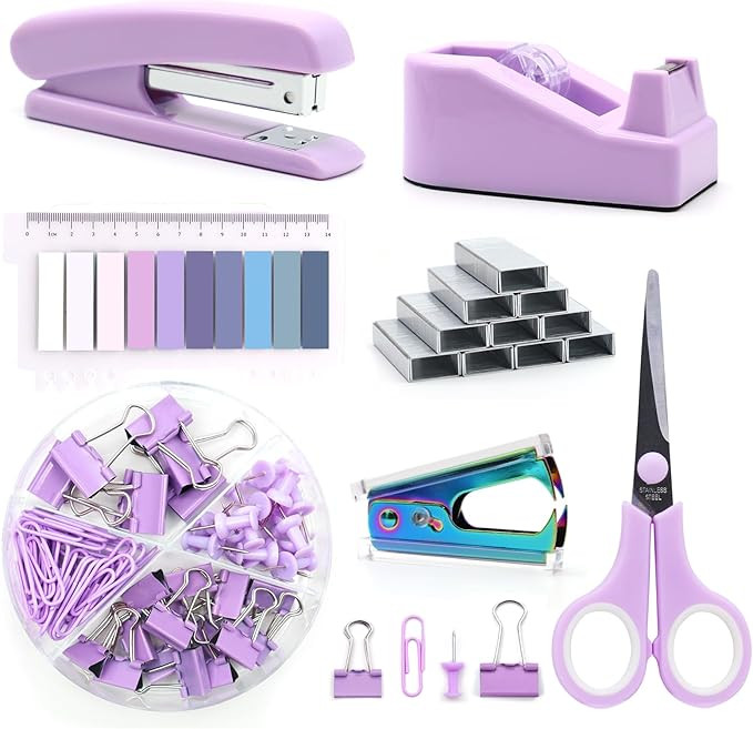 Purple Office Supplies Set, UPIHO Stapler and Tape Dispenser Set, Office Desk Accessories Kit wit... | Amazon (US)