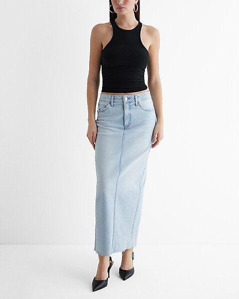 High Waisted Raw Hem Back Slit Maxi Denim Skirt | Express