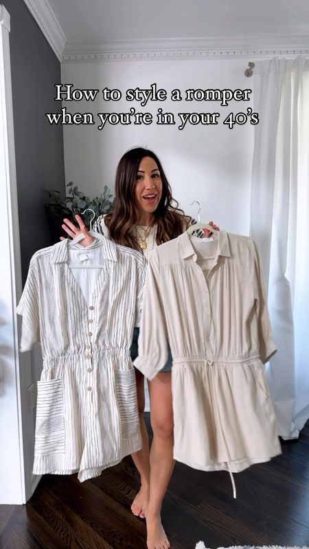 How to style rompers in your 40’s. Looser fabrics and longer shorts are a must for me. Always love a romper as they are a one and done outfit piece. Perfect for casual afternoons but love a long sleeve version for date night (no need for a denim jacket for chilly restaurants). Both of these styles are dynamite. The first one is a lightweight crepe like fabric and the second is a gorgeous linen blend. Code TAMMYL15 to save. Jewelry code: tammy20. 

Wearing small. Romper, rompers 

#LTKStyleTip #LTKFindsUnder100 #LTKOver40