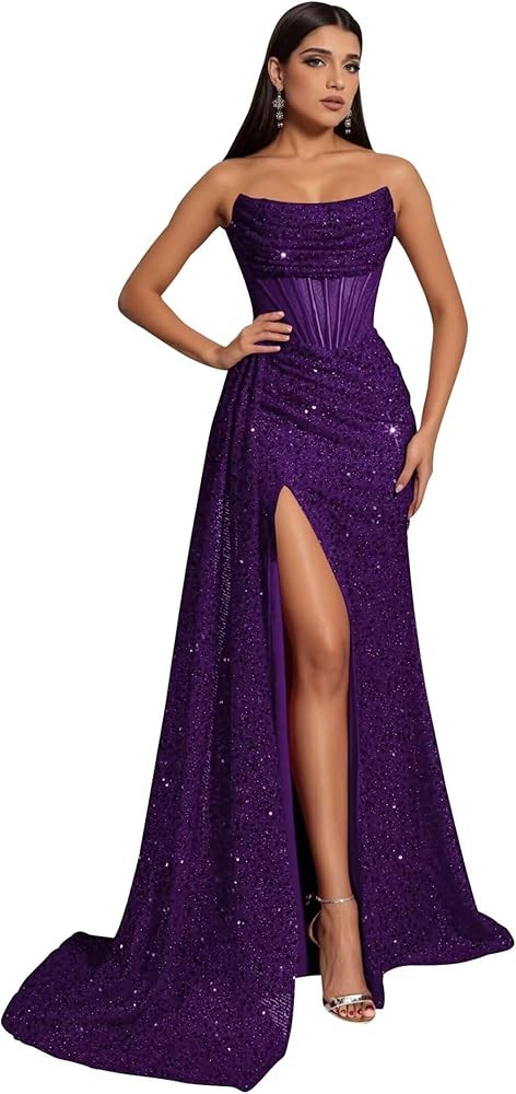 Women's Sparkly Sequin Prom Dresses 2026 Long Strapless Formal Dress Mermaid Evening Gown with Sl... | Amazon (US)