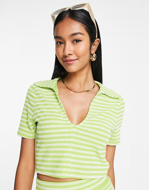 Topshop co ord lexi rib v neck crop tee in green stripe | ASOS (Global)