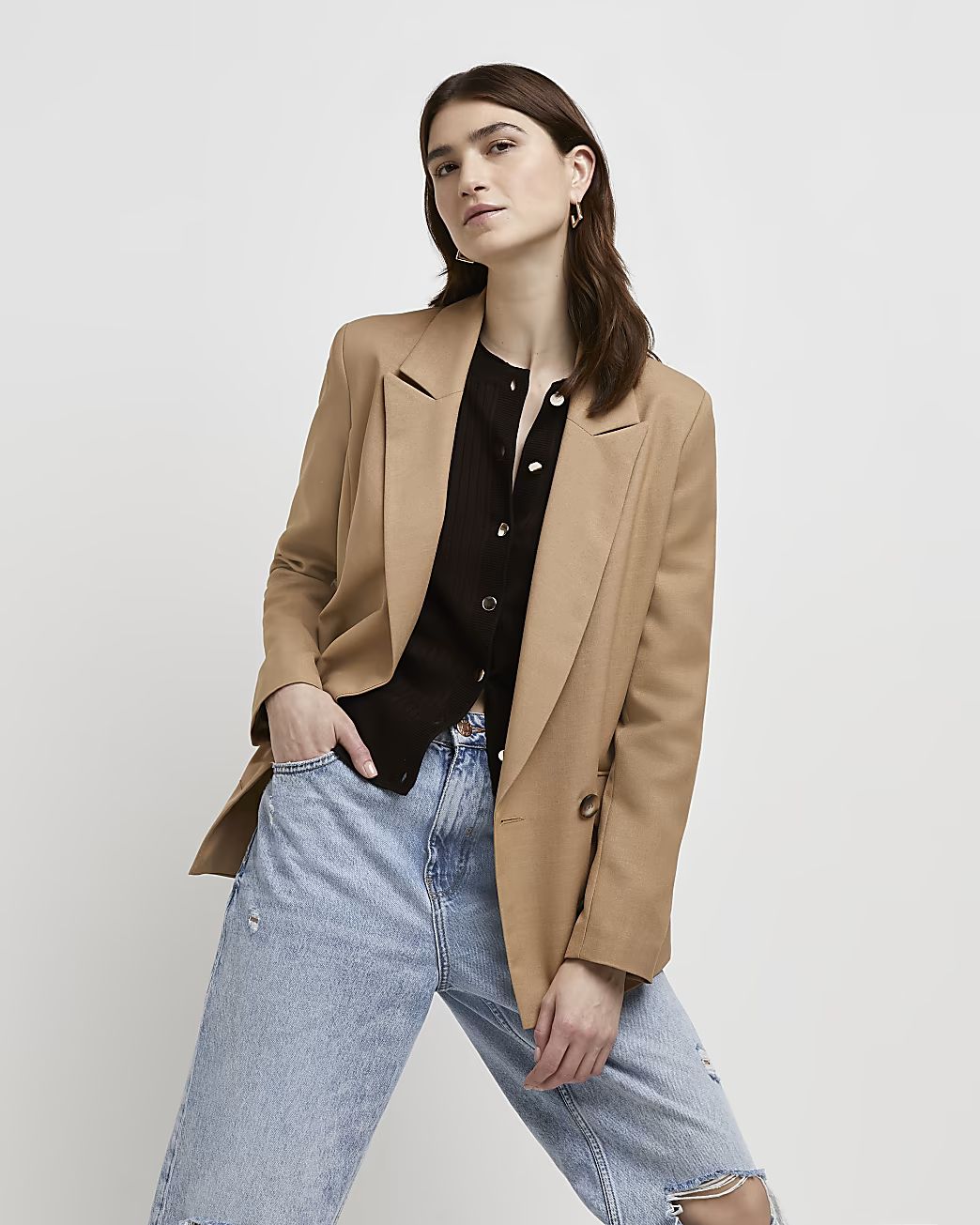 Beige double breasted blazer | River Island (UK & IE)