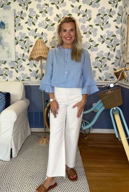 Preppy, classic, timeless white linen, top blouse, long sleeve, fall, transitional style, fashion, denim, jeans, wide leg, J.Crew

#LTKunder100 #LTKsalealert #LTKtravel