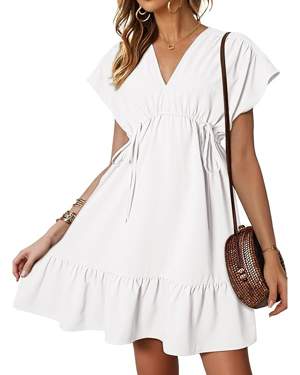 Dokotoo Womens Dresses Short Sleeve V Neck Drawstring Casual Ruffle A-Line Swing Mini Babydoll Dr... | Amazon (US)