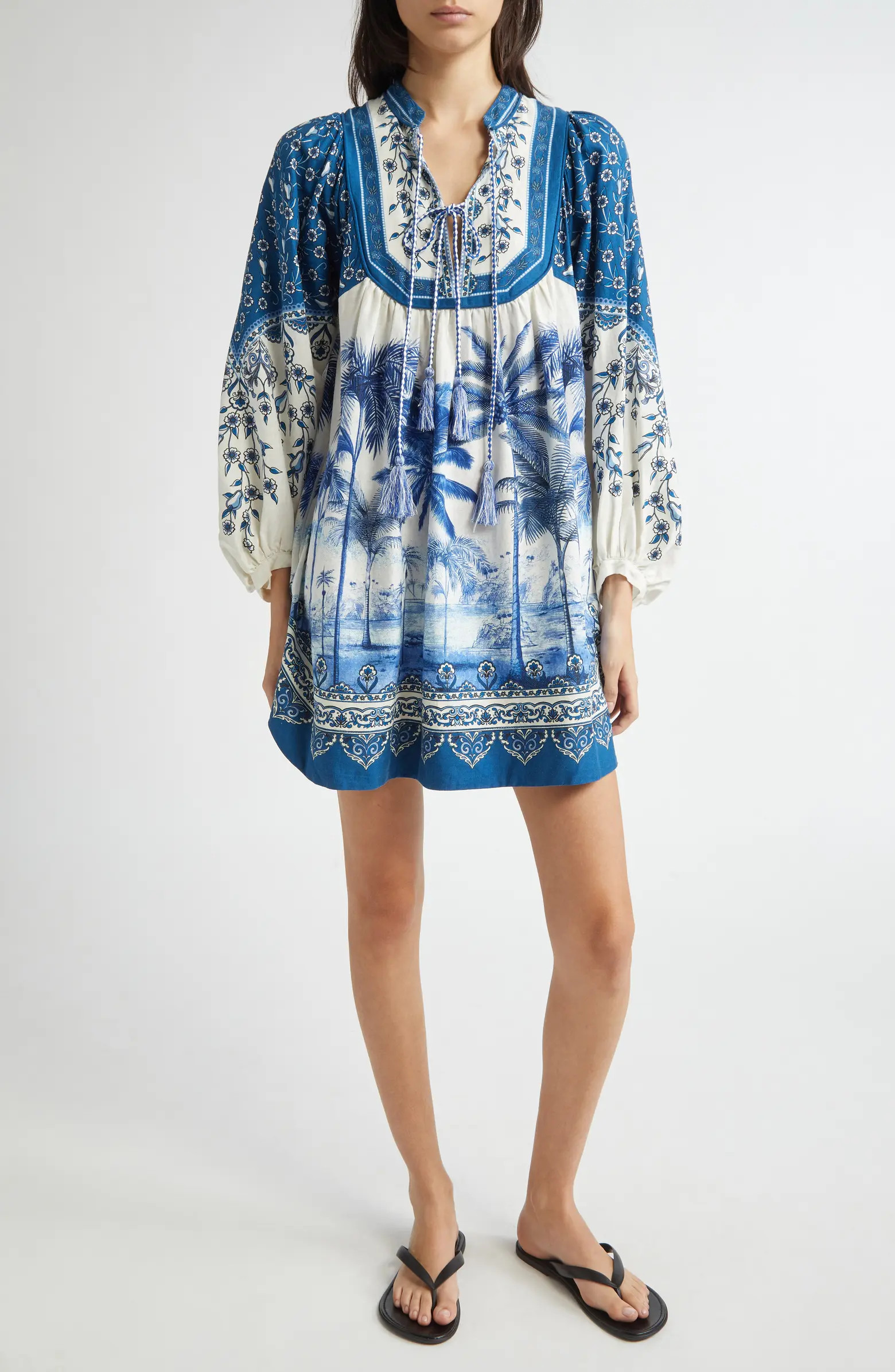 Palm Tree Print Linen Blend Tie Front Dress | Nordstrom