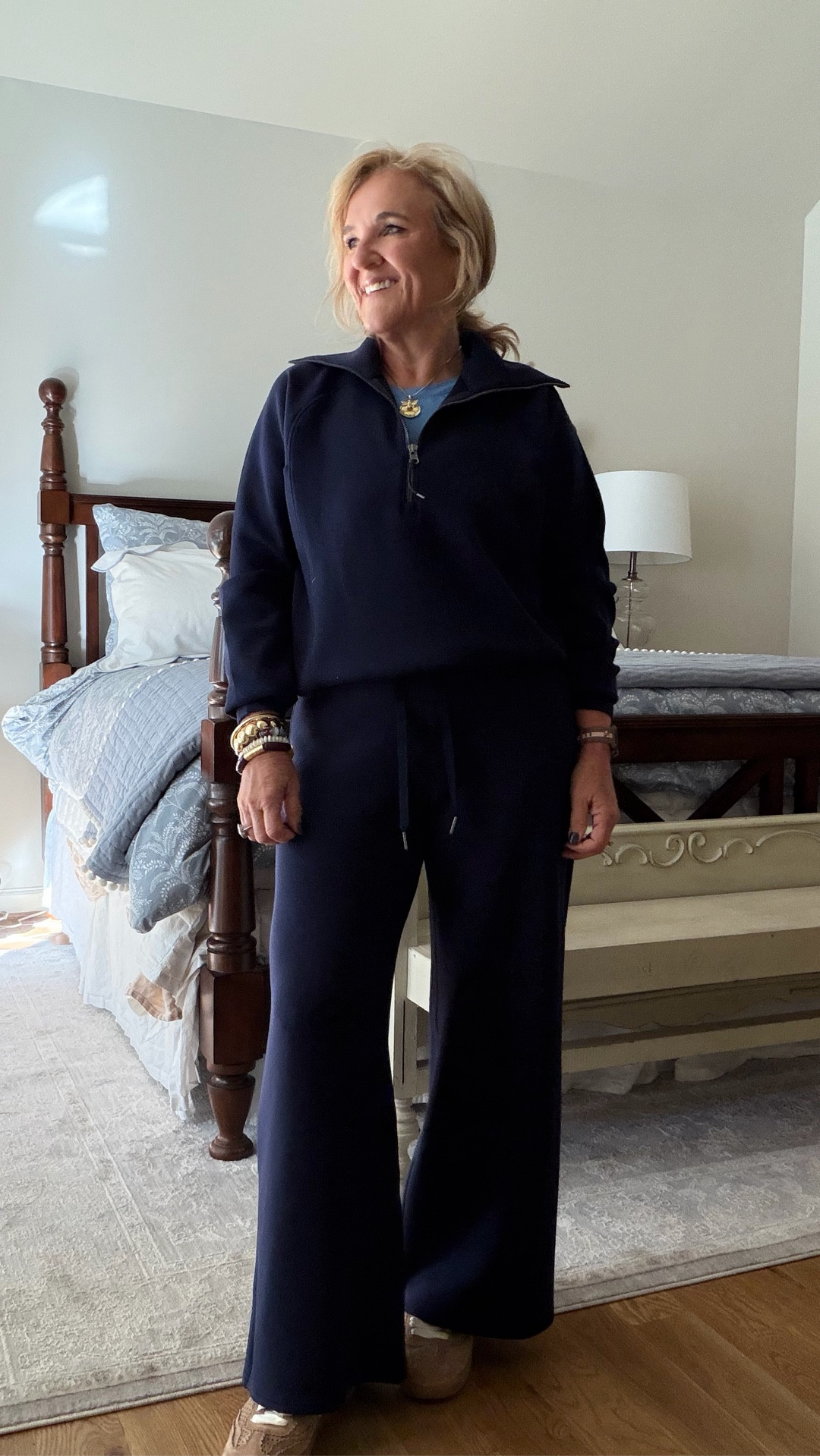 Spanx air essentials
Half zip size medium. Sometimes I do size up to a large, but this one is a
Wide leg pants size medium petite
This is the timeless navy color

#LTKOver40 #LTKPetite #LTKTravel