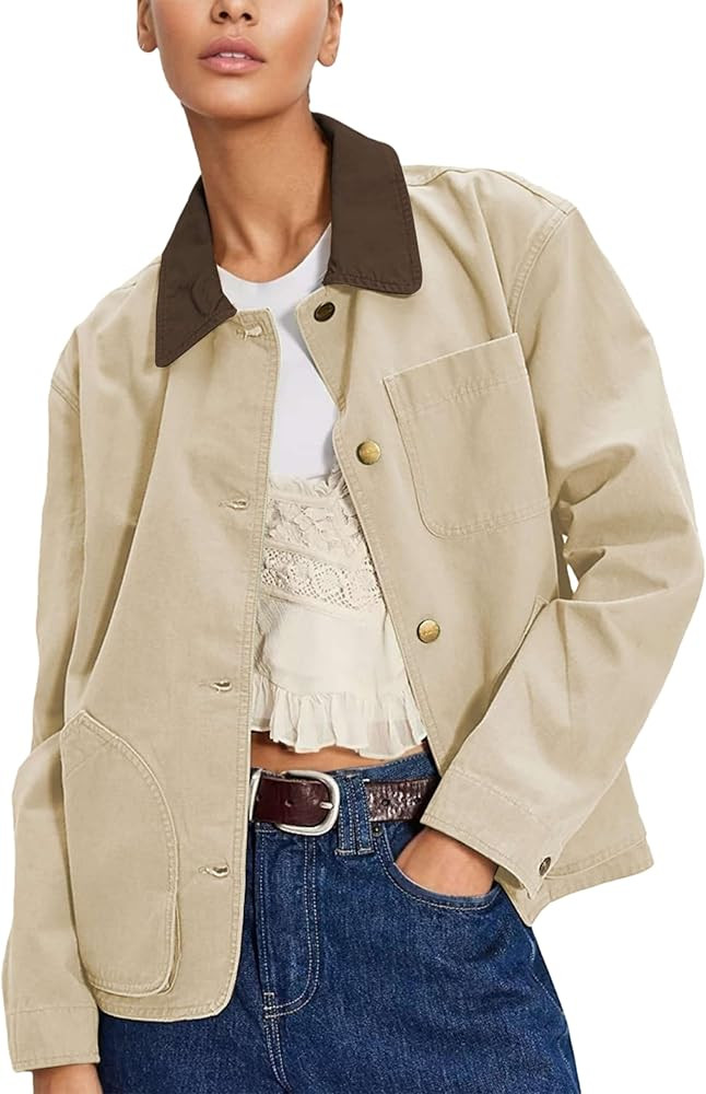 HangNiFang Women's Oversized Cotton Jacket Button Down Contrast Collar Barn Jacket Casual Loose C... | Amazon (US)