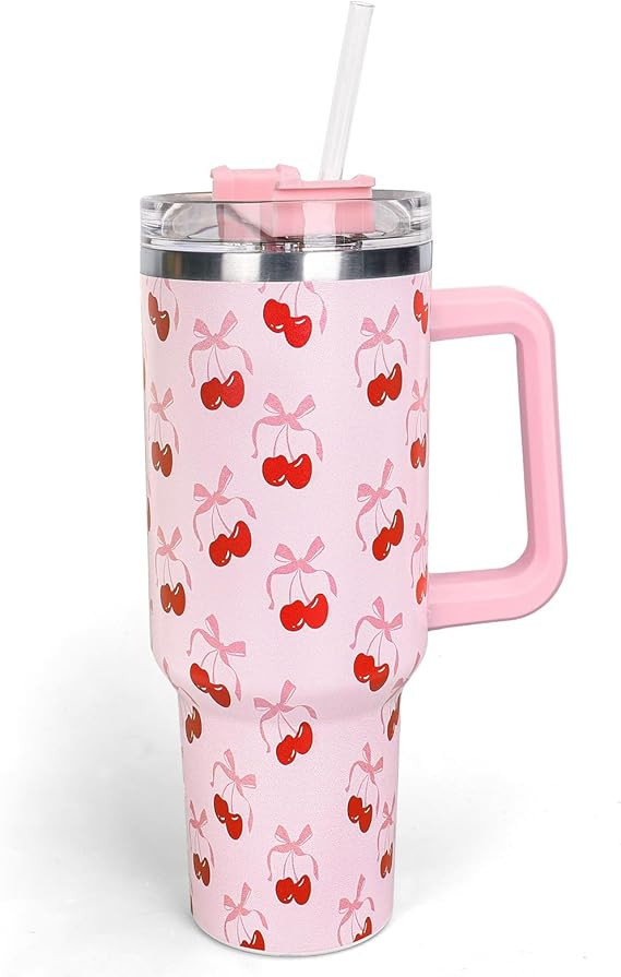 Whaline 40oz Pink Bow Cherry Tumbler with Handle Straw and Lid Coquette Bowknot Cherries Travel T... | Amazon (US)
