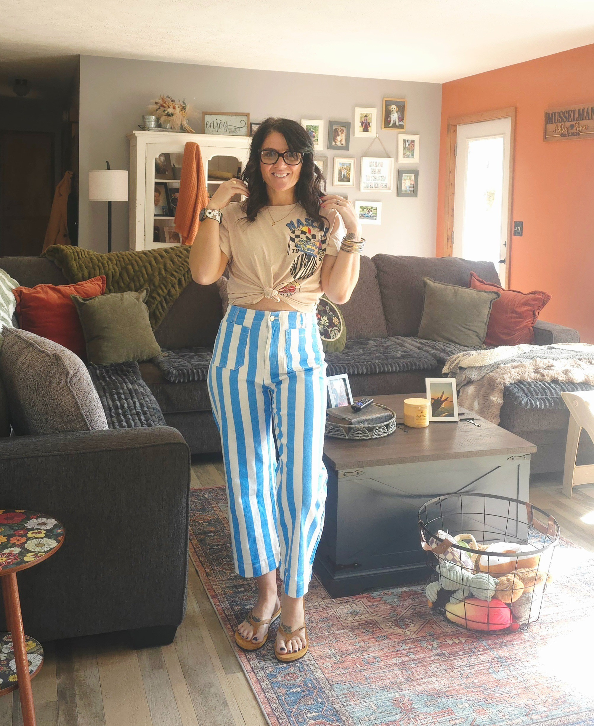 Amazon did it again 👏 These striped pants are on SALE right now—and they’re way too cute to pass up! 🤍💙Comfy, fun, and perfect for an easy everyday look. 🫶 

#LTKootd #LTKmomlife #LTKOver40