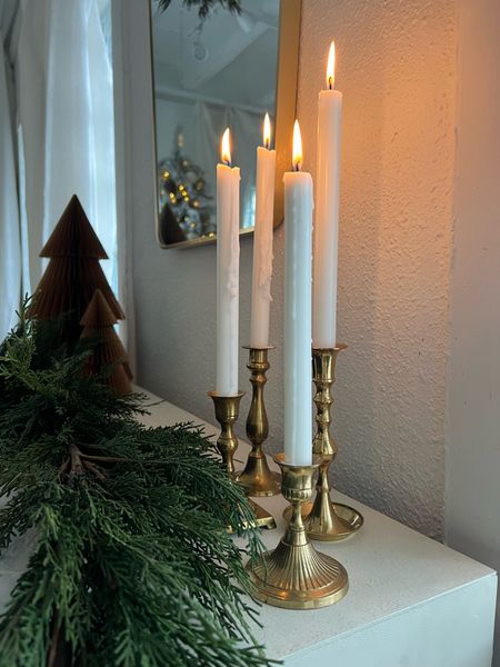 Christmas holiday mantel decor - Vintage taper candle holders, faux garland (looks and feels real), and brown  Christmas tree 

#LTKfindsunder50 #LTKhome #LTKHoliday
