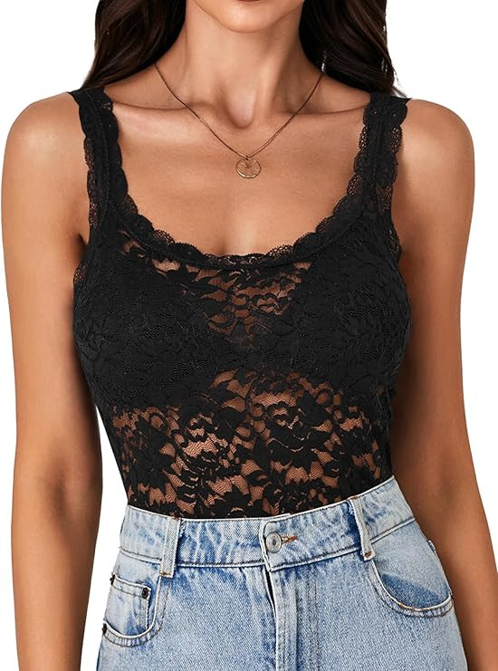 LYANER Women's Floral Lace Scallop Spaghetti Strap Sleeveless Sheer Tank Cami Top Blouse | Amazon (US)