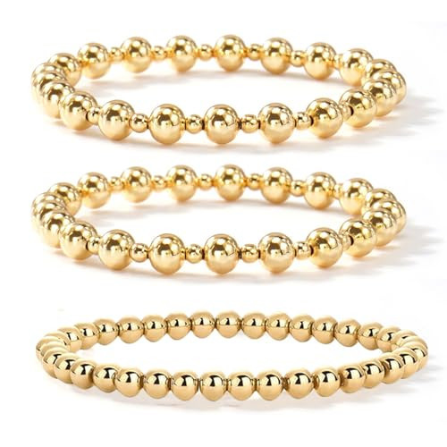EQUBIO Gold Beaded Bracelet for women, 14K gold Plated Adjustable Stackable Jewelry, 3mm/6mm Set2，Durable Tarnish Resistant Waterproof Accessory, Elegant Minimalist Style for Women Gifts Daily Wear and Travel | Amazon (US)