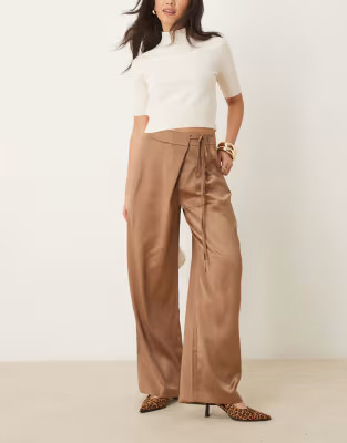 ASOS DESIGN wrap tie wide leg satin pants in mocha | ASOS (Global)