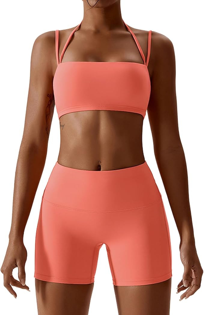 IMEKIS Women's Workout Sets 2 Piece Yoga Outfit High Waisted Biker Shorts Leggings Sports Bra Gym... | Amazon (US)