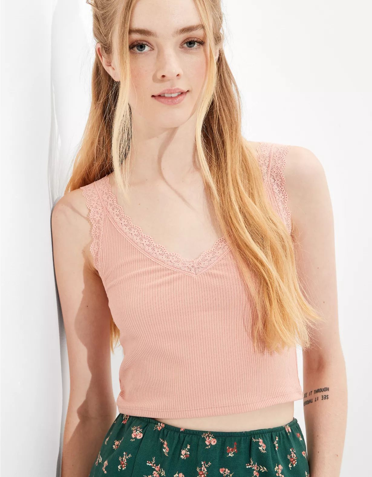 AE Cropped Lace Trim V-Neck Tank Top | American Eagle Outfitters (US & CA)