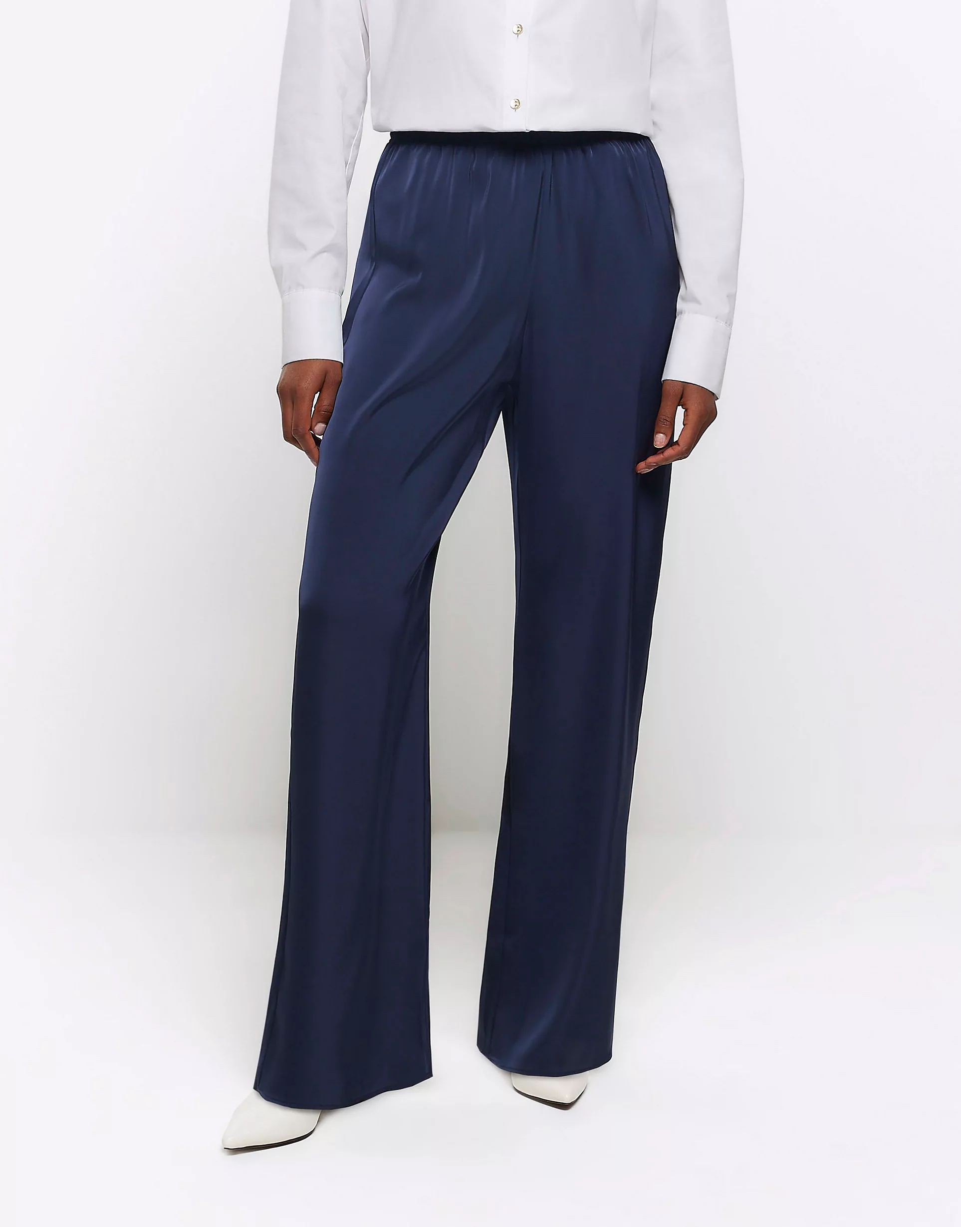 River Island Satin wide leg trousers in navy | ASOS (Global)