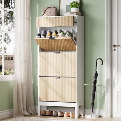 Fluted Shoe Cabinet with 3 Flip Drawers and 1 Drawer, Wood Freestanding Hidden Shoe Organizer with Adjustable Shelves-White and Gray | Target
