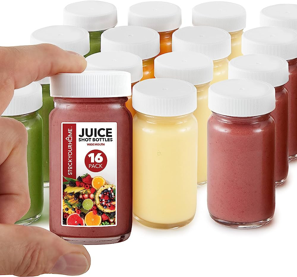 Stock Your Home Glass Shot Bottles with Caps (16 Pack) 2 Oz Juice, Wellness, or Ginger Shots Bott... | Amazon (US)