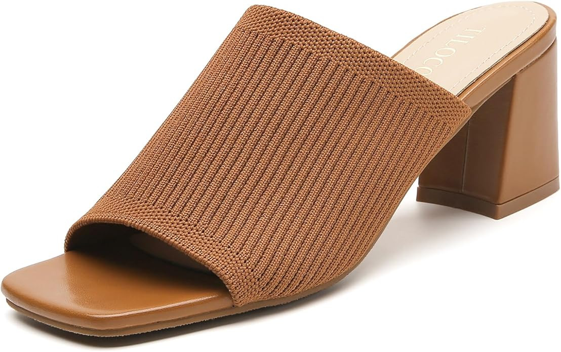 Tilocow Knit Heeled Sandals for Women, Square Open Toe Heels Sandals, Chunky Block Low Heel Slip ... | Amazon (US)