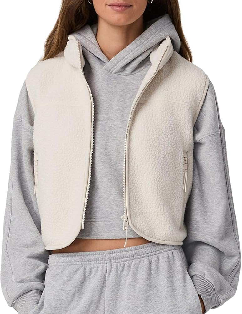 Cropped Fleece Vest Women Sleeveless Stand Collar Zip Up Sherpa Jacket Fall Winter Warm Coats Out... | Amazon (US)