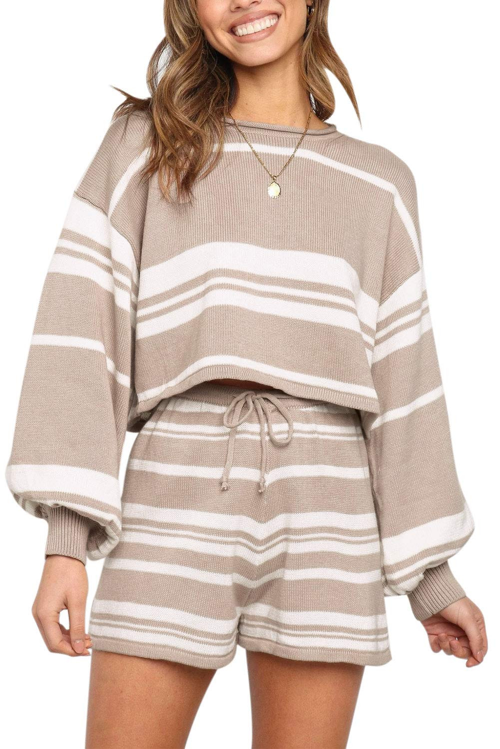 ZESICA Women's Casual Long Sleeve Solid Color Knit Pullover Sweatsuit 2 Piece Short Sweater Outfits  | Amazon (US)