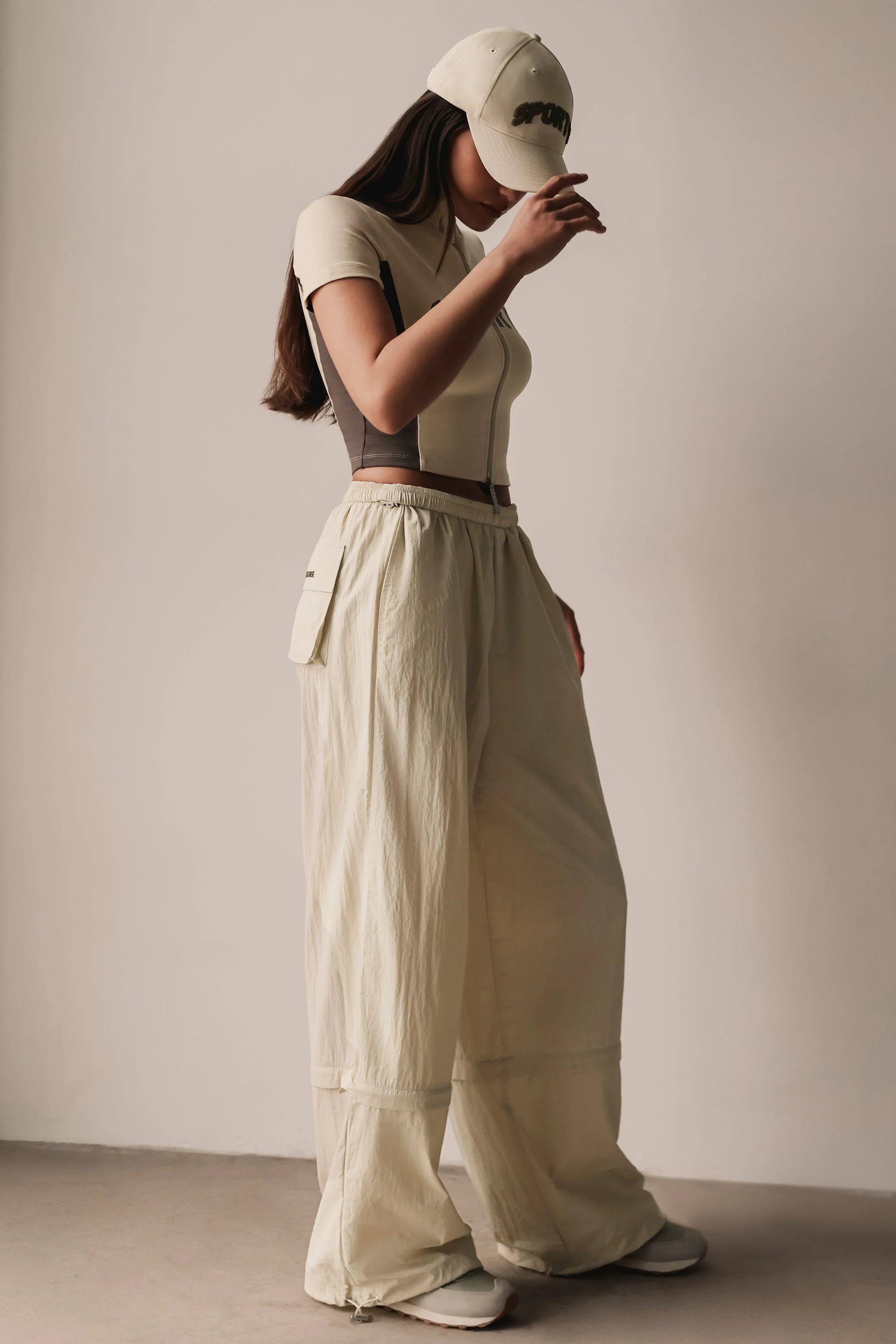 Convertible Wide Leg Track Pants in Bone | Oh Polly