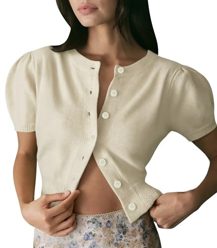 Short Sleeve Cardigan Sweater for Women Cropped Summer Button Down y2k Knit Lightweight Work Office Trendy Crop Cardigans top Cream Beige M | Amazon (US)