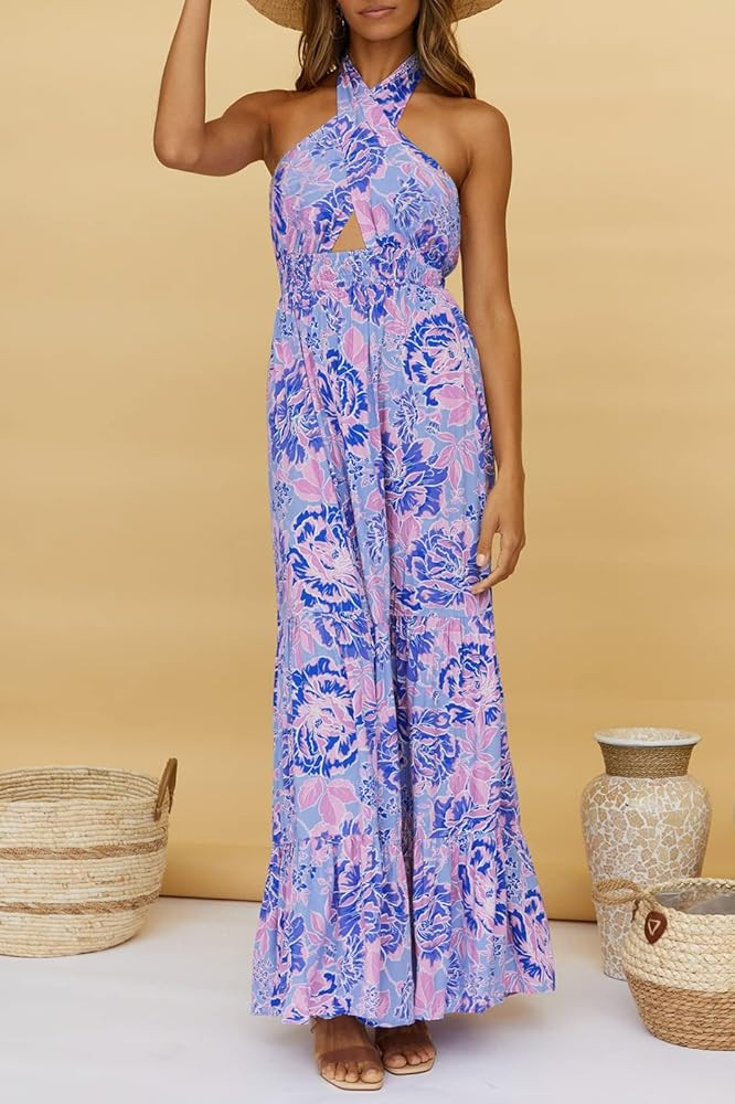 ZESICA Women's Summer Crossover Halter Neck Sleeveless Plaid Cut Out Backless Flowy A Line Maxi Dres | Amazon (US)