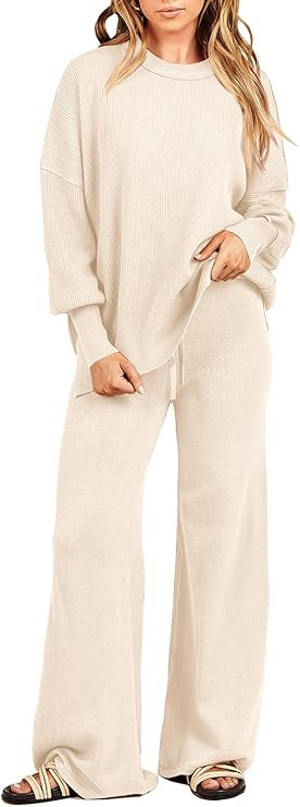 ANRABESS Women 2 Piece Outfits Oversized Chunky Knit Sweater Top Wide Leg Pants 2024 Fall Lounge ... | Amazon (US)