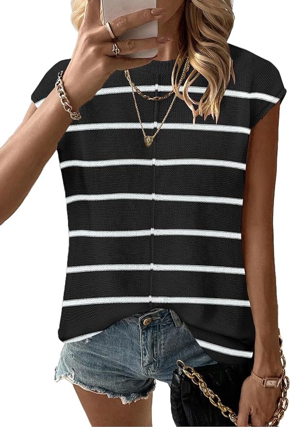 Zeagoo Women's Cap Sleeve Sweater Vest Crew Neck Sleeveless Casual Knit Tops 2024 Summer Clothes ... | Amazon (US)