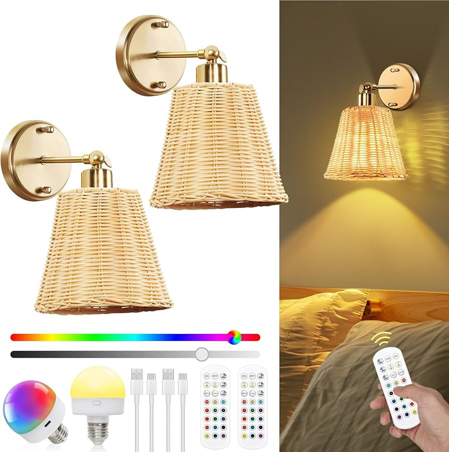 Frideko Rattan Rechargeable Battery Operated Wall Sconces Set of Two with Remote, RGB 15 Colors D... | Amazon (US)