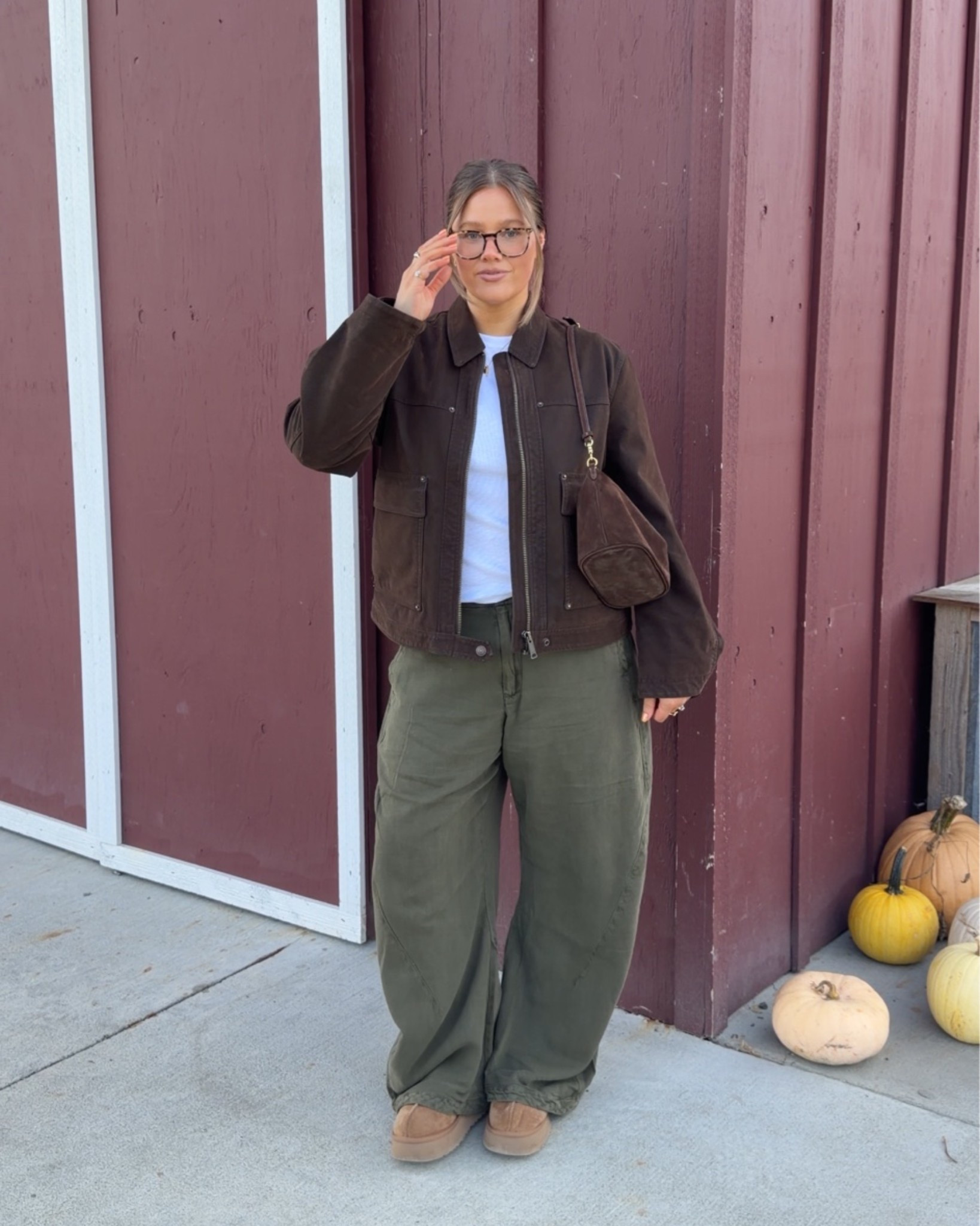 Fall staples include: olive green pants, a fun cashmere sweater and versatile jackets! Size 10 in pants, medium in jackets, medium in sweater it runs oversized. Bag is gorgeous and a deep brown! Loafers and Uggs run tts 

#fallfashion #suedejacket #freepeople #ugg #fallstyle #momstyle #olivepants