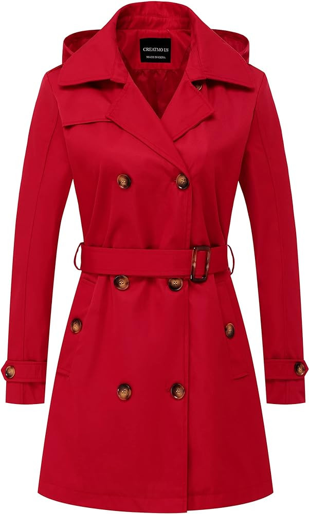 CREATMO US Women's Trench Coat Double-Breasted Classic Lapel Overcoat Belted Slim Outerwear Coat ... | Amazon (US)
