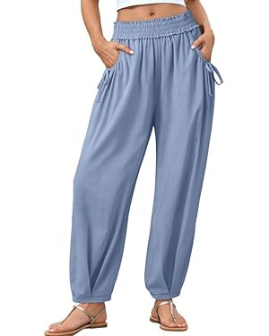 Dokotoo Women Linen Wide Leg Pants Casual Elastic Waist Lounge Palazzo Harem Pants with Pockets | Amazon (US)
