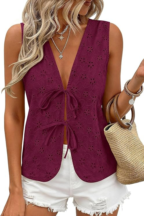 PRETTYGARDEN Women 2026 Summer Tie Front Eyelet Tank Tops Trendy Floral Vest Sleeveless V Neck Dr... | Amazon (US)