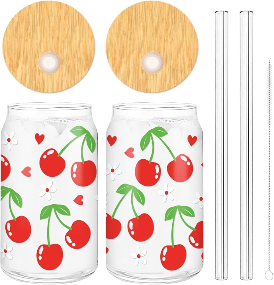 Whaline 2 Pack Cherry Iced Coffee Cup Red Cherry Flower Heart Drinking Glasses Cute Beer Can Glas... | Amazon (US)