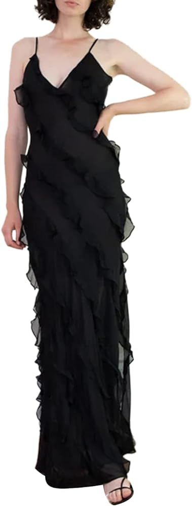 Mioliknya Women Sexy Spaghetti Strap Dress Y2k V Neck Backless Sleeveless Ruffle Slit Long Dress ... | Amazon (US)