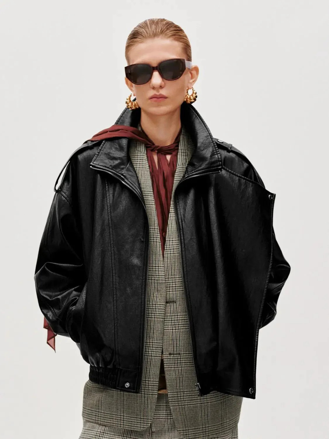 Tie Asymmetric Faux Leather Bomber Jackets | Urban Revivo