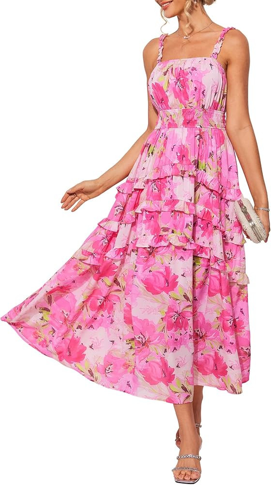 GRACE KARIN Women's Floral Summer Wedding Guest Dresses 2025 Trendy Long Flowy Smocked Tiered Max... | Amazon (US)