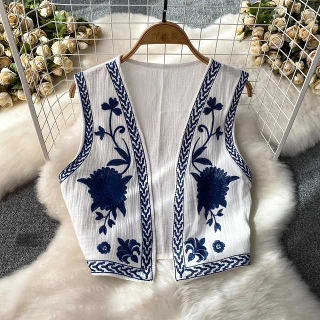 Tops cortos con bordado Floral para mujer, chaleco Vintage, camisola con cuello en V, camiseta si... | Aliexpress EU
