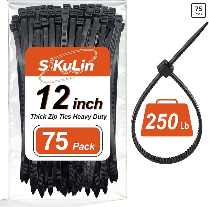 Thick Zip Ties Heavy Duty, 12 inch, Black, 250 lb High Strength, 75 Pack, Heavy Duty Zip Ties for... | Amazon (US)