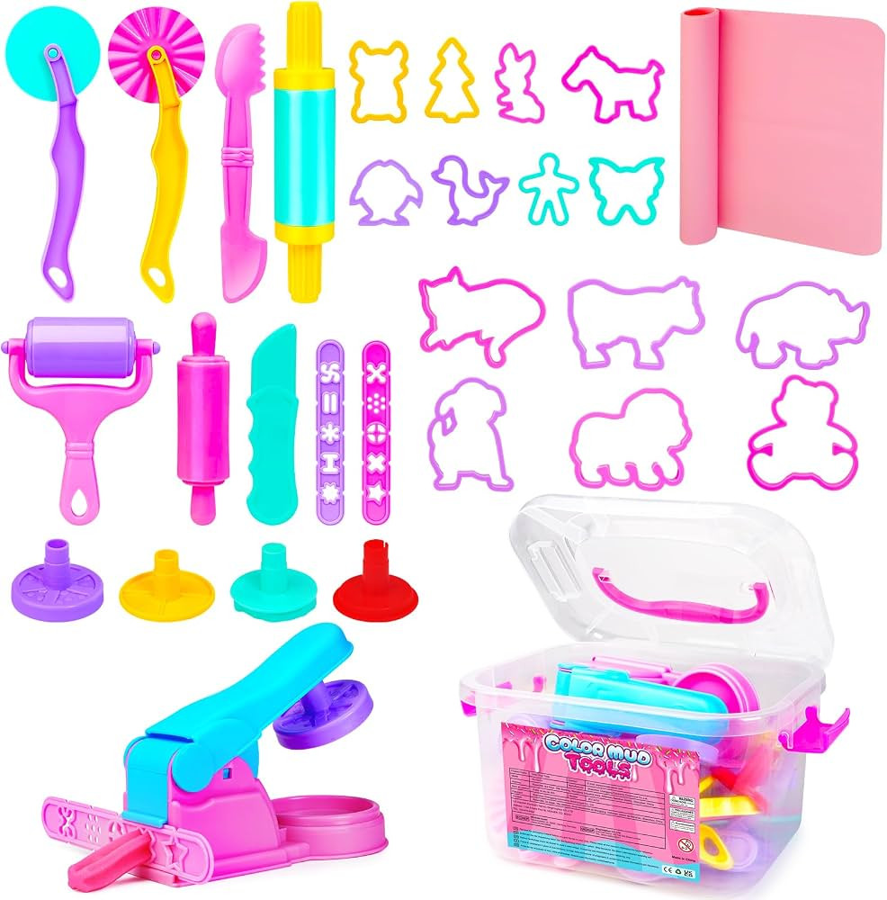 Dough Tool Sets for Kids Toddlers,Cute Dough Accessories with Rolling Pin Dough Mat Storage Box,P... | Amazon (US)