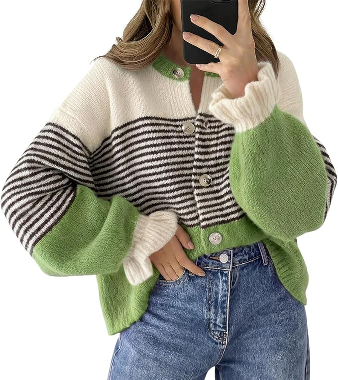 Saodimallsu Womens 2026 Fall Trendy Striped Cardigan Sweaters Ruffle Sleeve Button Up Loose Color... | Amazon (US)