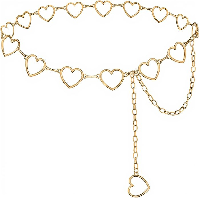 Heart Chain Belts for Women, Gold Hollow Heart Waist Chain Adjustable Metal Y2K Body Chains for D... | Amazon (US)