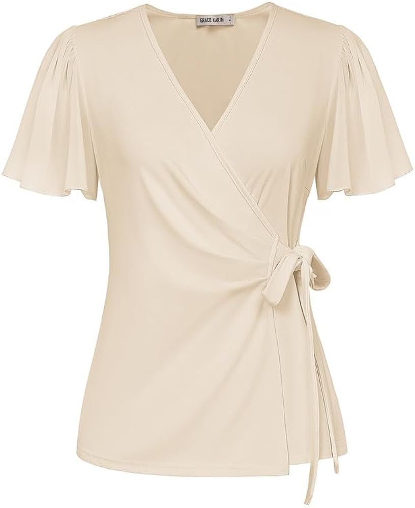 GRACE KARIN Womens Dressy Tops Flowing Chiffon Short Sleeve Blouses 2024 Summer Blouses V Neck Wr... | Amazon (US)