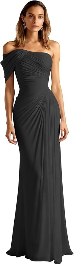 RYANTH One Shoulder Chiffon Bridesmaid Dresses for Women Mermaid Long Prom Dress Pleated Bodycon ... | Amazon (US)