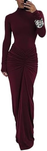 Womens Sexy Maxi Dress Long Sleeve Ruched Bodycon Turtleneck Club Party Casual Wedding Dresses | Amazon (US)